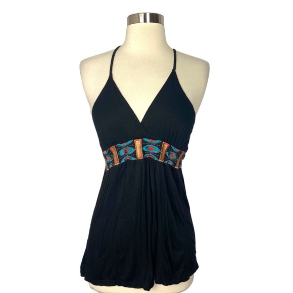 Vintage 90s Ambiance Black Embroidered Halter Top - Size Small - Picture 1 of 6